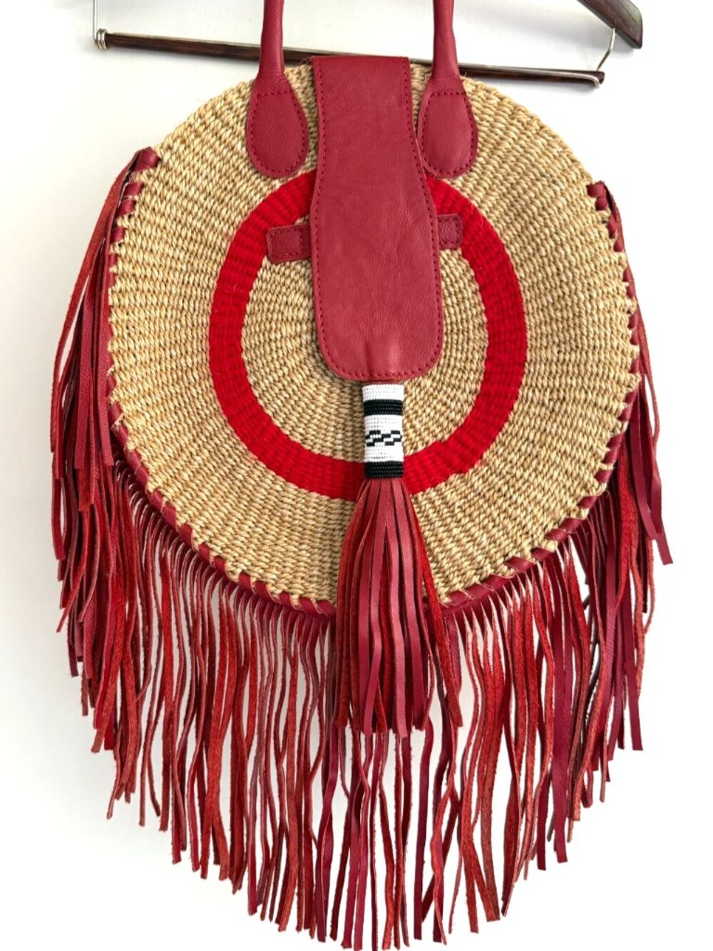 RED LEATHER FRINGE BAG WOVEN SISAL BEADED TASSEL DOUBLE HANDLE ROUND BOHO